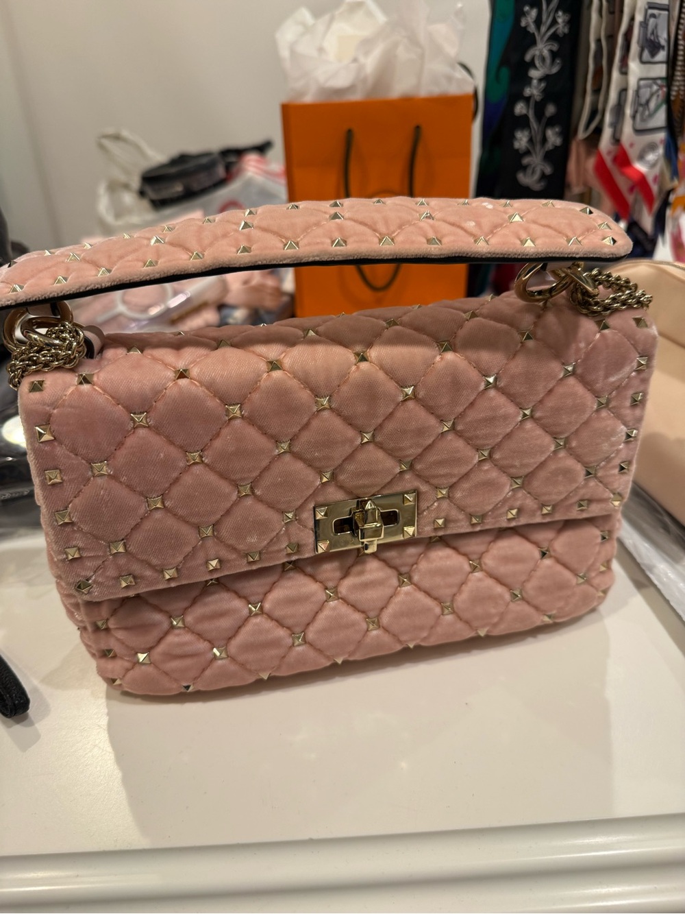 Valentino rockstud Pink Quilted Velvet Chain Shoulder Bag